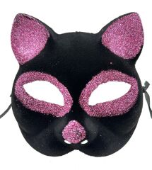 NessiWorld Siyah Renk Pembe Simli Süet Kedi Maskesi 18x14 cm