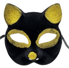 Nessiworld   Siyah Renk Gold Simli Süet Kaplama Kedi Maskesi 18x14 cm