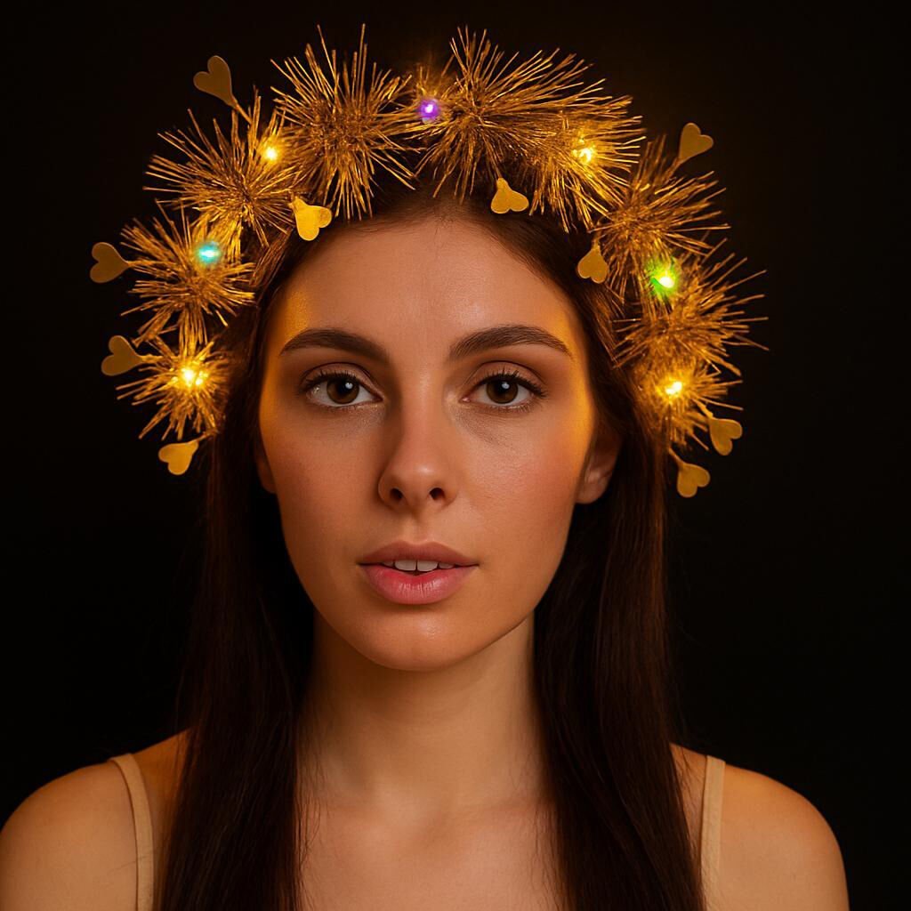 Nessiworld  Kalp Püsküllü Gece Parıltısı 3 Modlu LED&#39;li Işıklı Taç Altın Renk