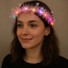 Nessiworld  Kalp Püsküllü Gece Parıltısı 3 Modlu LED&#39;li Işıklı Taç Pembe Renk