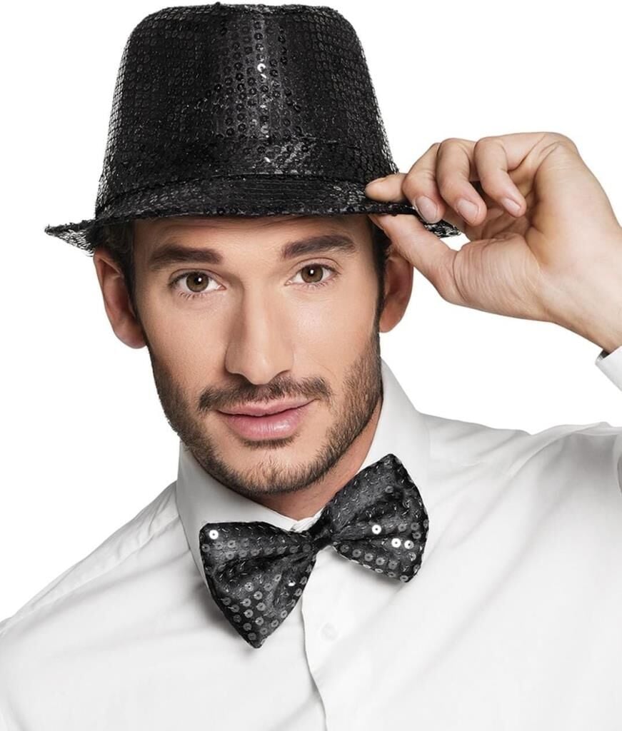 Nessiworld  Siyah Payetli Şapka ve Papyon Seti – Parıltılı Yetişkin Kostüm Seti